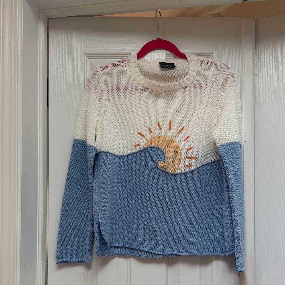 Wooden Ships Cream and Light Blue Knitted Sweater with Sun Wave Motif